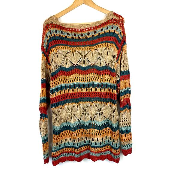 Umgee Multicolor Crochet Stripe Pullover Sweater With Scalloped Hem - Picture 5 of 12